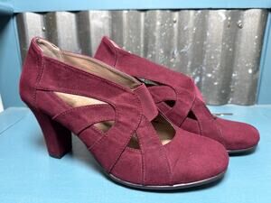 Aerosoles Rigmarole Burgundy Faux Suede Cutout Block Heel Pumps Womens 9M Retro